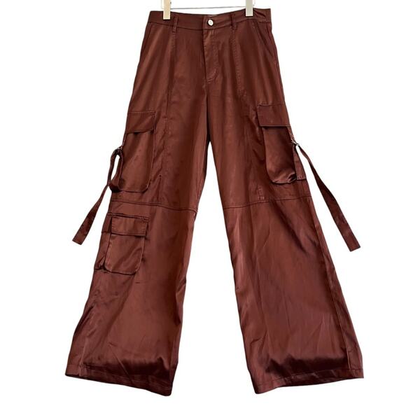 Sybilla Satin Cargo Pants Womens Medium Copper Brown Wide Leg Skater Y2K Baggy - Picture 1 of 9